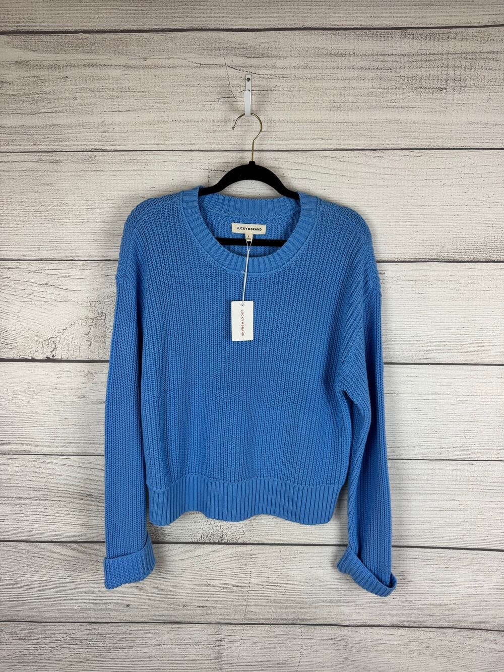 Lucky Brand Women's Blue Knit Crew Long Sleeve Cuffed Sweater Size Large
